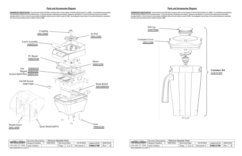 Diagram Diagram and Parts List for 1G91605-UK  Hamilton Beach Blender